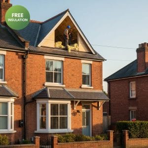 UK terraced house with loft insulation being installed and free insulation badge