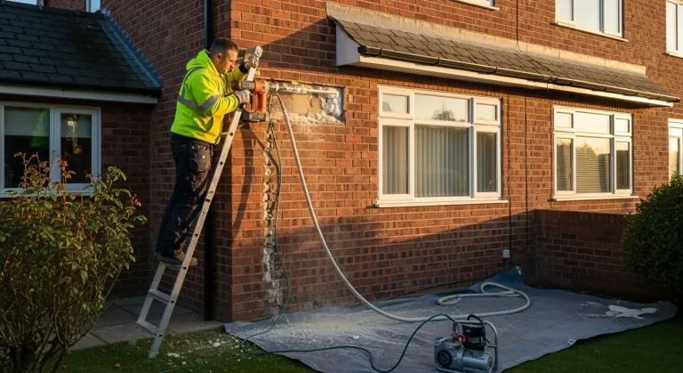 Cavity wall insulation being installed in a UK brick house