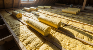 Yellow mineral wool insulation rolls in a UK loft space
