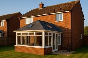 UK semi-detached home with newly converted tiled conservatory roof in slate grey