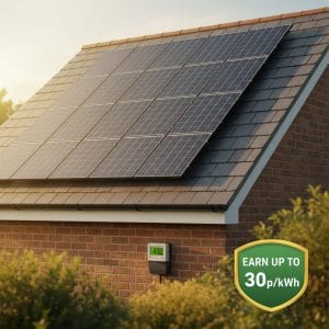 Solar panels on UK house roof with export meter and earn up to 30p per kWh badge