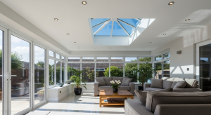 Bright interior of conservatory with insulated solid roof and LED downlights