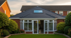 Conservatory solid roof conversion with grey tiles and skylight
