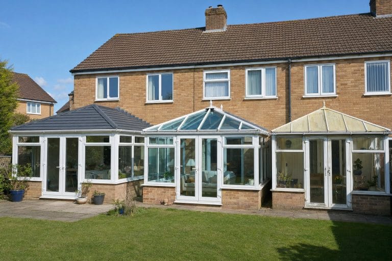 Three UK conservatories side-by-side showing tiled, glass, and polycarbonate roof types