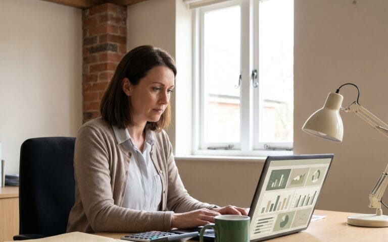 Payroll professional reviewing accounting software with calculator and notebook, UK office