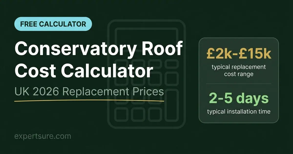 Conservatory roof replacement cost calculator UK showing typical £2k to £15k cost range and 2 to 5 day installation