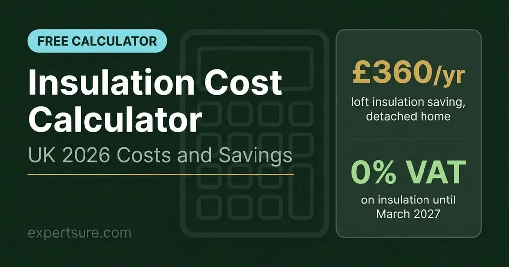 Insulation cost calculator UK showing £360 per year loft insulation saving and 0% VAT until March 2027