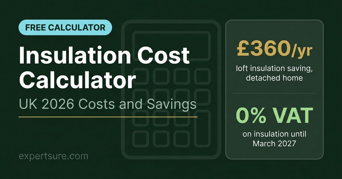 Insulation cost calculator UK showing £360 per year loft insulation saving and 0% VAT until March 2027