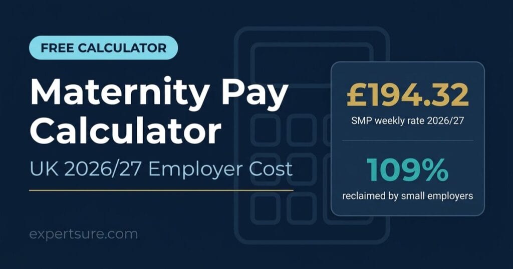 Maternity pay calculator UK 2026/27 showing SMP weekly rate of £194.32 and 109% small employer recovery