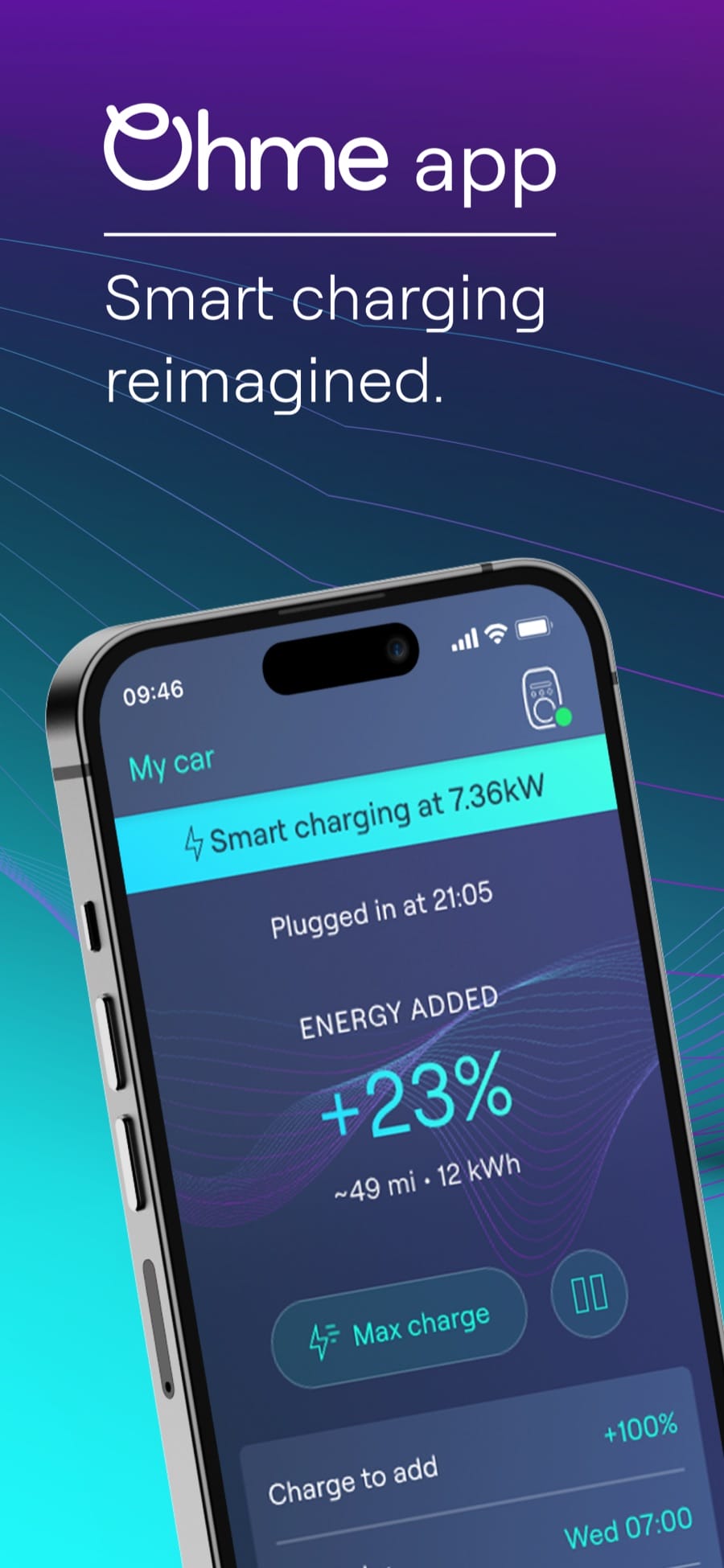 Ohme app smart charging dashboard showing live charge rate and energy added