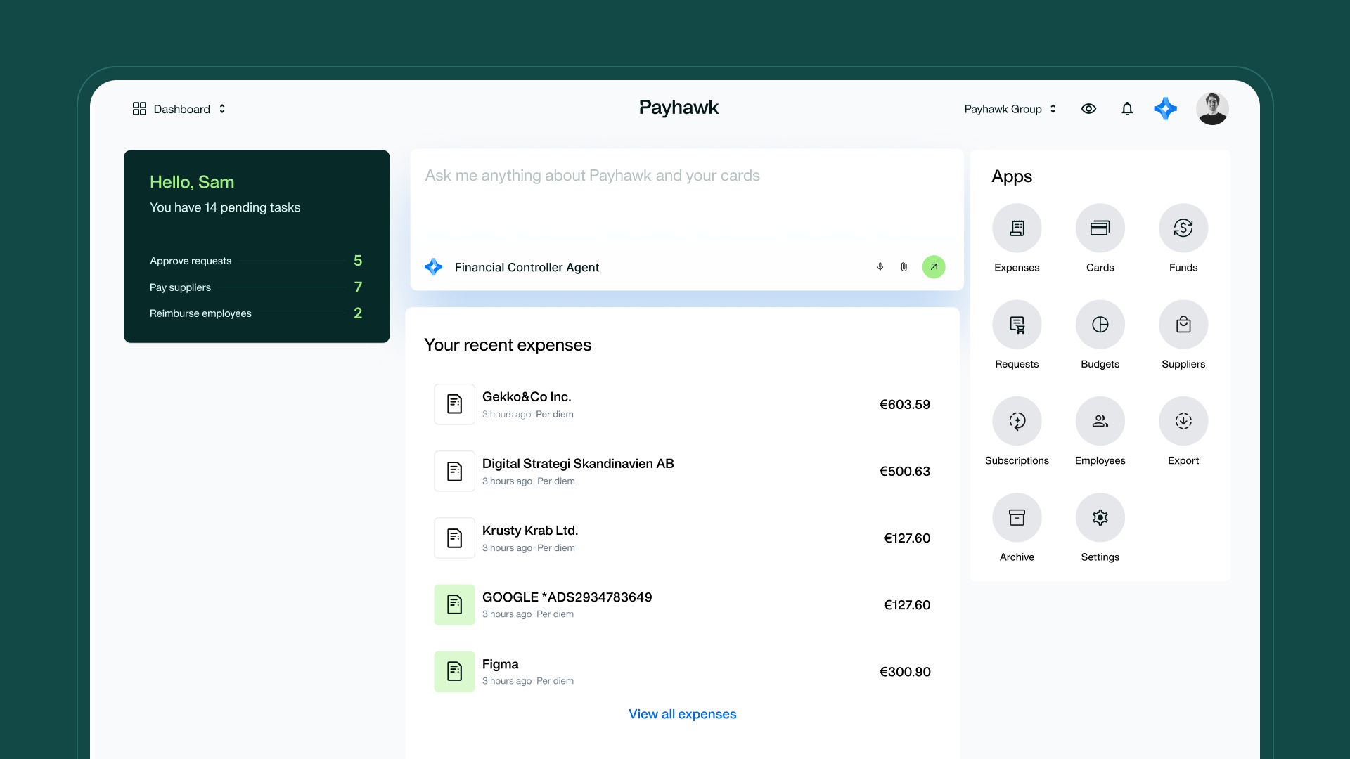 Payhawk dashboard with Financial Controller Agent, recent expenses and app shortcuts