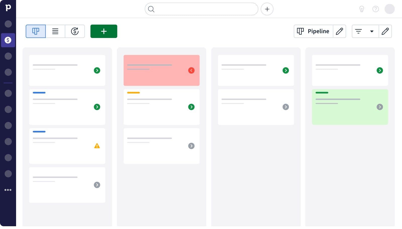 Pipedrive's kanban pipeline view: deals move stage by stage with colour-coded activity cues