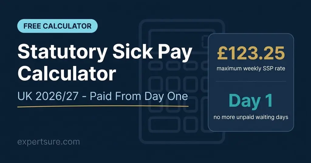 Statutory sick pay calculator UK 2026/27 showing £123.25 maximum weekly SSP rate paid from day one