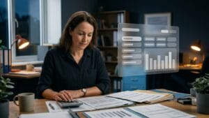 A woman working at a desk in the evening, reviewing paperwork with one hand on a calculator, with a translucent cost dashboard panel floating beside her