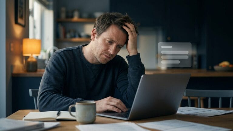 A sole trader working alone at his kitchen table in the evening with a laptop and a mug, one hand in his hair, a small translucent panel floating nearby