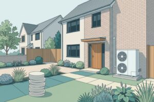 Illustration of an unbranded air source heat pump beside a British semi-detached house with stylised coins suggesting cost