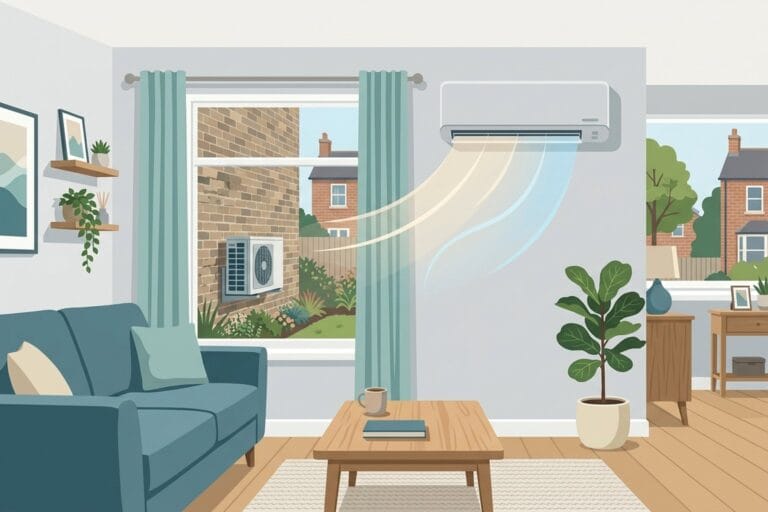 Wall-mounted air to air heat pump indoor unit heating a UK living room, with the outdoor condenser visible through the window