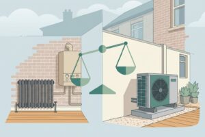 Illustration comparing a traditional gas boiler and radiator with a modern unbranded air source heat pump outside a British home