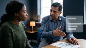 A small business owner and an accountant sitting across a table mid-conversation, a document between them and a translucent data panel at the edge of frame