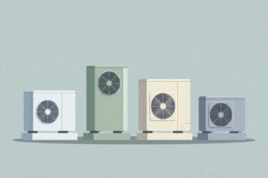 Illustration of four unbranded air source heat pump outdoor units of different sizes standing in a row for comparison