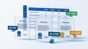 Illustration of three certificates with rosette seals in front of a comparison table, with ISO 9001, ISO 27001, ISO 14001 and ISO 45001 chips