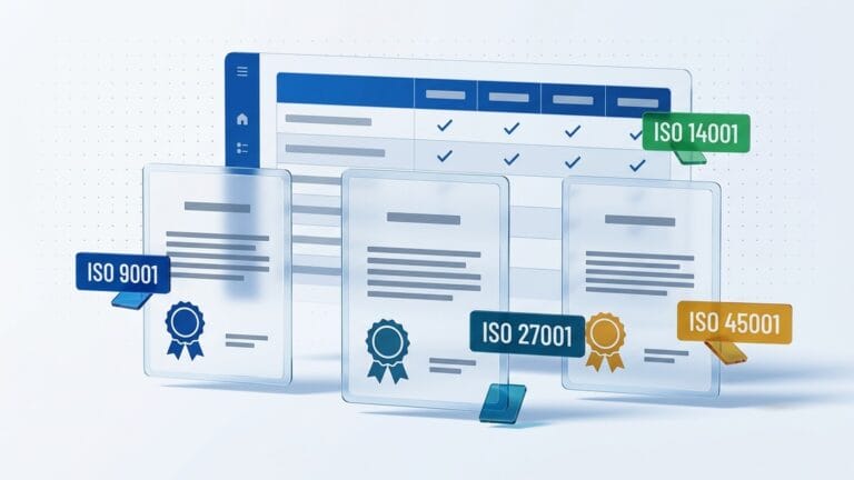 Illustration of three certificates with rosette seals in front of a comparison table, with ISO 9001, ISO 27001, ISO 14001 and ISO 45001 chips