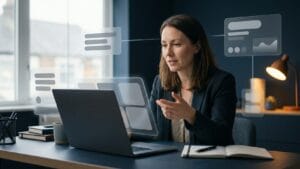 A woman at a home desk on a video call with her accountant, mid-sentence, with translucent interface panels floating around her connected by thin light lines