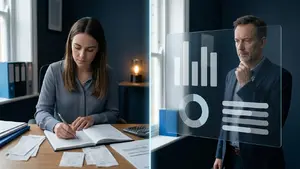 A split image: on the left a bookkeeper writing in a ledger surrounded by receipts, on the right an accountant considering a translucent panel of charts