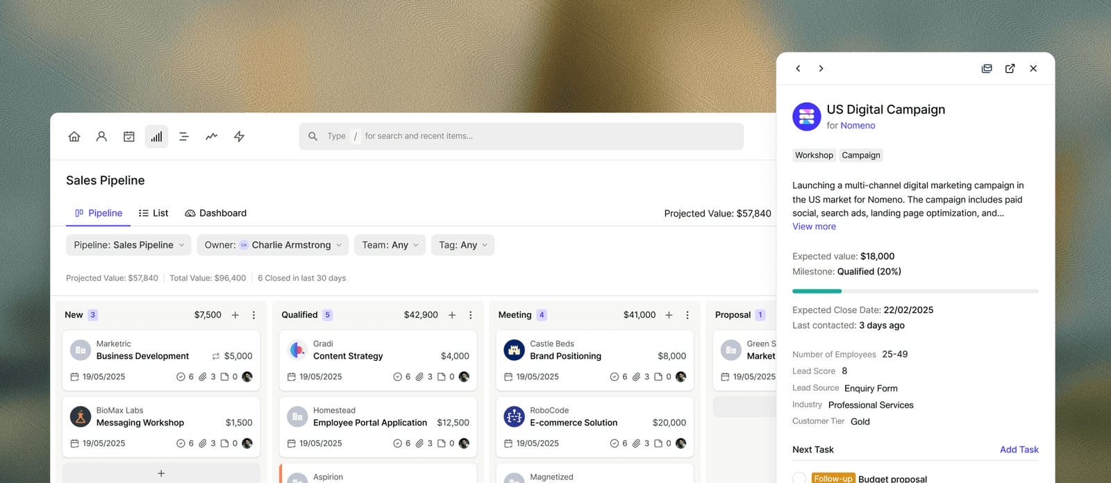 Capsule CRM sales pipeline kanban board with an opportunity side panel showing milestone and expected value