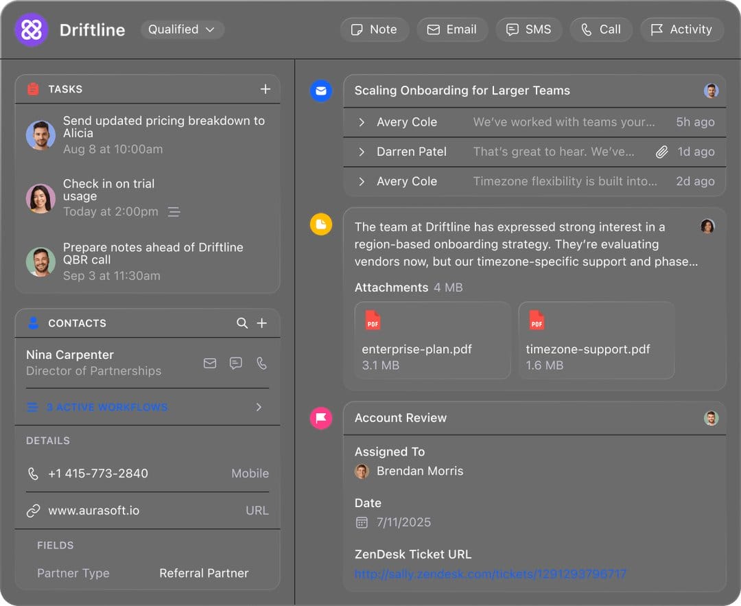 Close CRM lead view showing tasks, contacts, email threads and an AI-generated lead summary