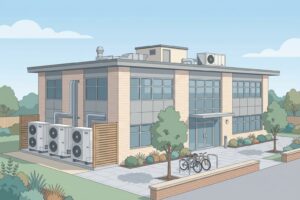 Illustration of a small UK commercial building with a row of commercial air source heat pump units on a plinth beside the building and additional rooftop plant equipment