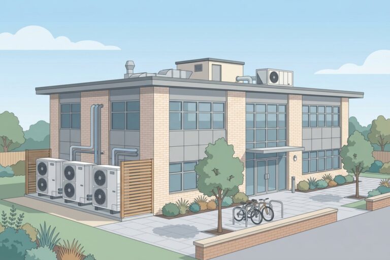 Illustration of a small UK commercial building with a row of commercial air source heat pump units on a plinth beside the building and additional rooftop plant equipment
