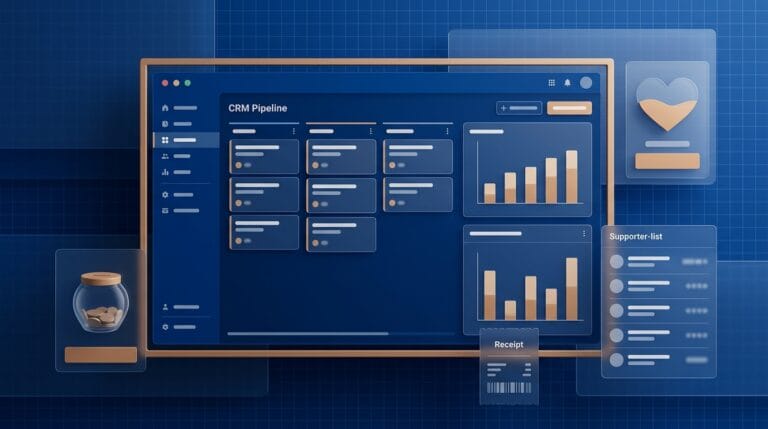 Stylised charity CRM dashboard with donation jar and supporter list