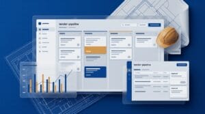 Stylised construction CRM tender pipeline over blueprint background