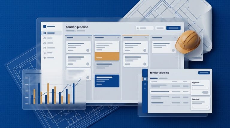 Stylised construction CRM tender pipeline over blueprint background
