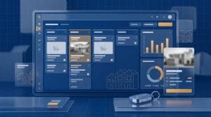 Stylised estate agency CRM dashboard with property cards and key fob