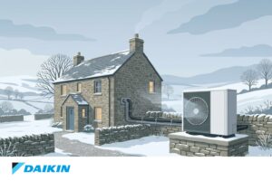 Illustration of an air source heat pump beside a British stone cottage in snow, with the Daikin wordmark shown below