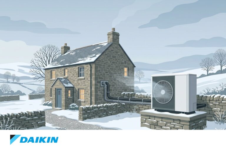 Illustration of an air source heat pump beside a British stone cottage in snow, with the Daikin wordmark shown below