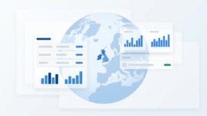 Abstract illustration of a globe with the British Isles highlighted, overlaid with payroll dashboard panels
