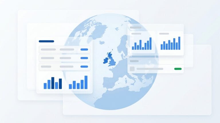 Abstract illustration of a globe with the British Isles highlighted, overlaid with payroll dashboard panels