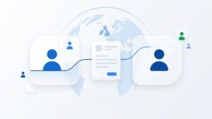 Abstract illustration of two organisations linked by an employment contract over a faint globe showing the British Isles