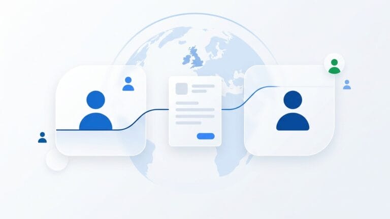 Abstract illustration of two organisations linked by an employment contract over a faint globe showing the British Isles