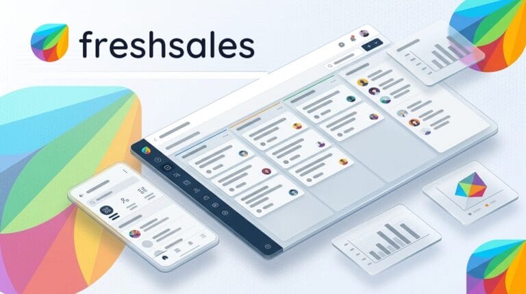 Freshsales CRM review - Freshsales leaf logo with CRM pipeline dashboard illustration