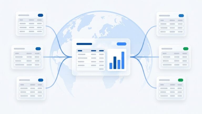 Abstract illustration of payroll data from several countries converging into one consolidated view over a faint globe