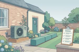 Illustration of an unbranded air source heat pump beside a British brick house with a stylised blank checklist