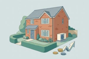 Illustration of a British brick house with an air source heat pump unit, alongside stylised coins and an upward arrow representing grant funding