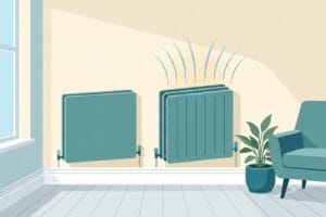 Single-panel radiator beside a deeper double-panel radiator of the same height, showing the upsizing a heat pump requires