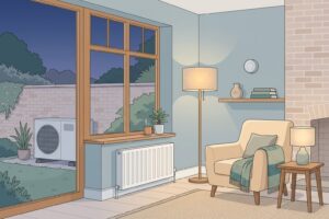 Illustration of a warmly lit British living room with a radiator and a smart thermostat, and an unbranded air source heat pump visible outside the window