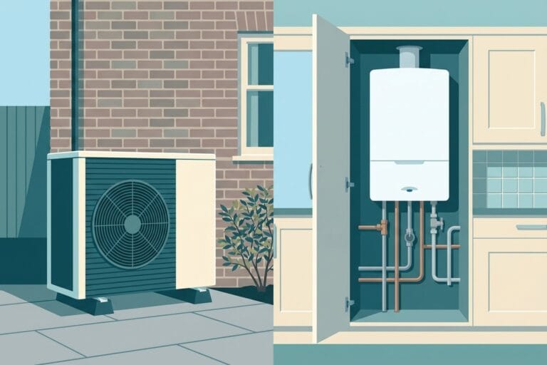Split comparison of an outdoor air source heat pump unit and a wall-mounted domestic gas combi boiler