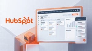 HubSpot logo beside a stylised CRM deal pipeline dashboard